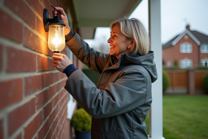 Femme installant une ampoule LED extérieure dans un porche