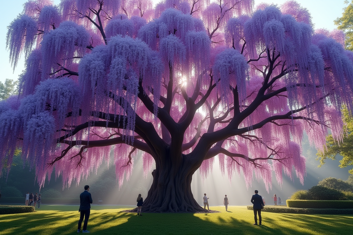 Gros plan sur un arbre de glycine en fleurs avec des cascades violettes