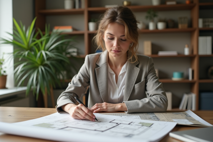 Architecte d'int&eacute;rieur femme examinant des plans dans un bureau moderne