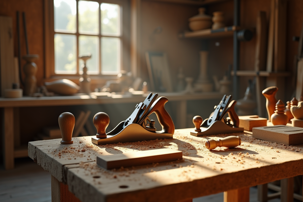 atelier de menuisier avec outils en bois et planches