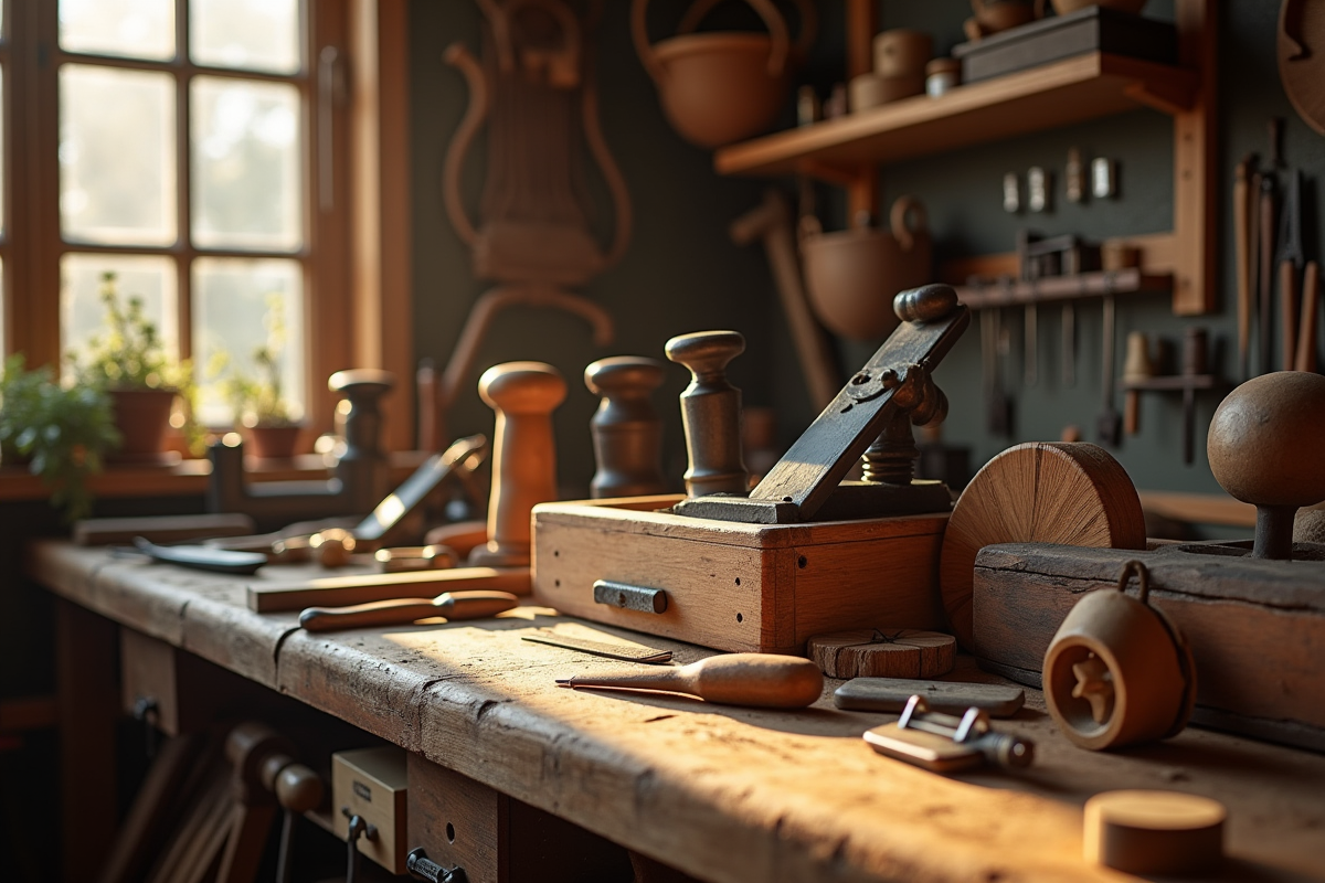 Plan d'un établi de menuisier avec outils vintage lumineux