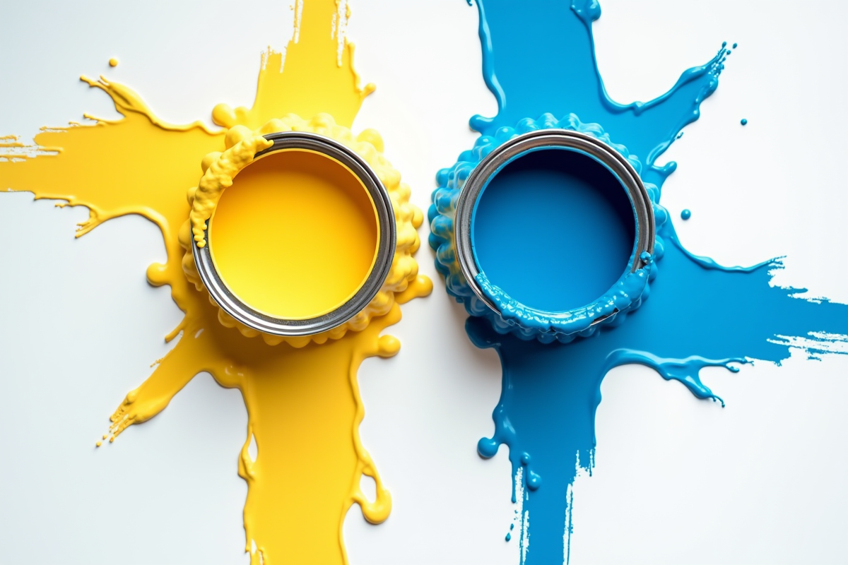 Deux bacs de peinture jaune et bleu éclaboussant sur une toile