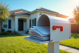 Boîte aux lettres moderne débordante de courriers devant une maison neuve