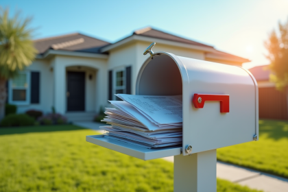 Boîte aux lettres moderne débordante de courriers devant une maison neuve