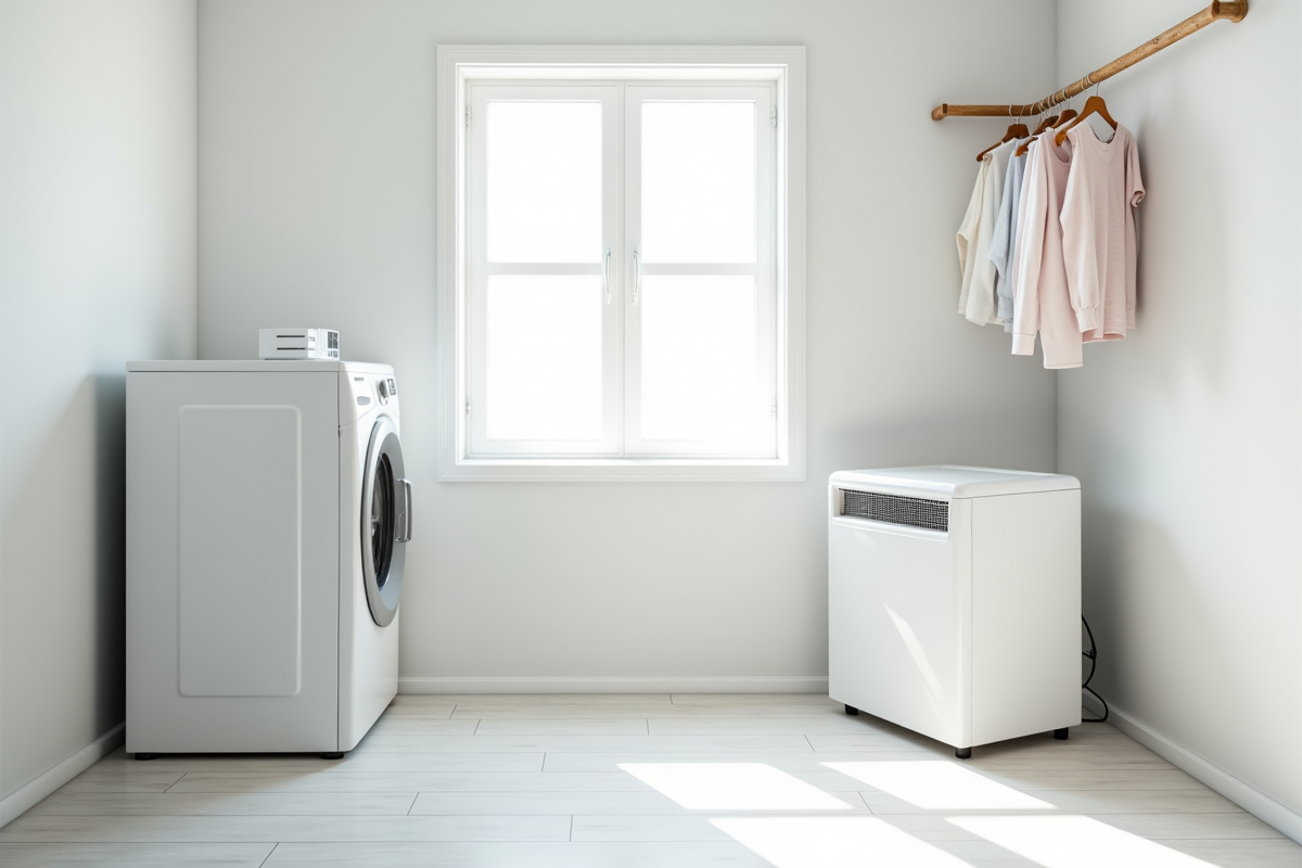 Buanderie lumineuse avec linge sec et dehumidificateur