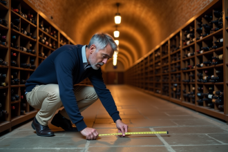Homme mesurant la profondeur d'une cave à vin en pierre