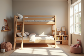 Chambre d'enfant moderne avec lit mezzanine en bois et lumière naturelle