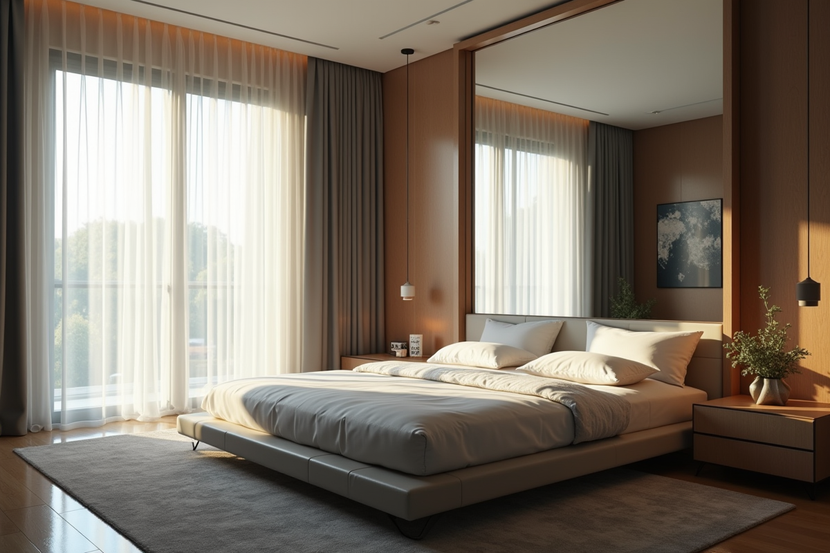 Chambre moderne avec grand miroir et lumière naturelle