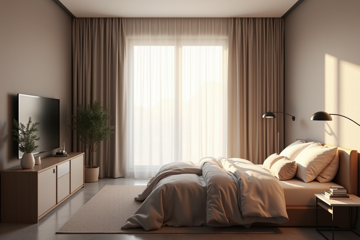Chambre moderne avec lumière douce filtrée par rideaux