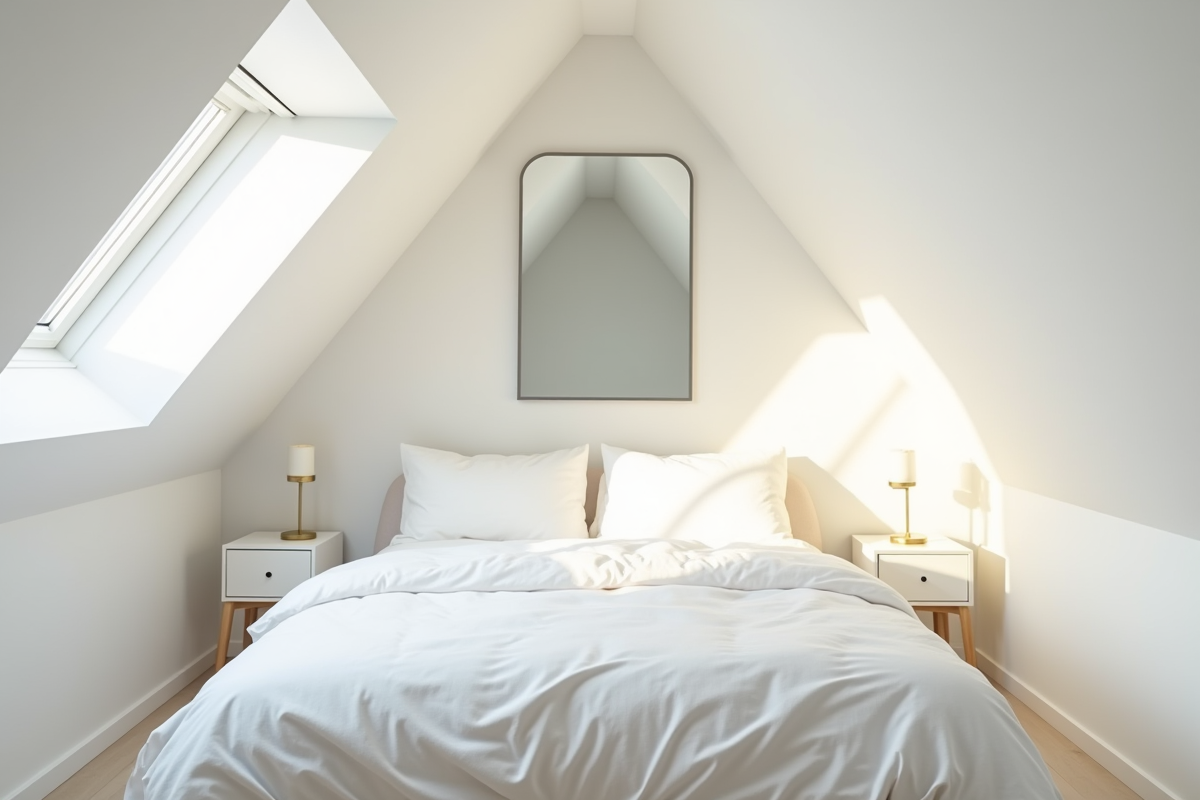 Petite chambre blanche avec lit cosy et miroir lumineux