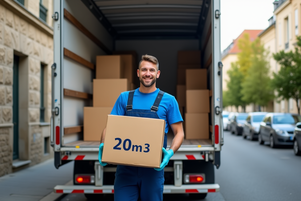 Jeune déménageur chargeant une caisse dans un camion