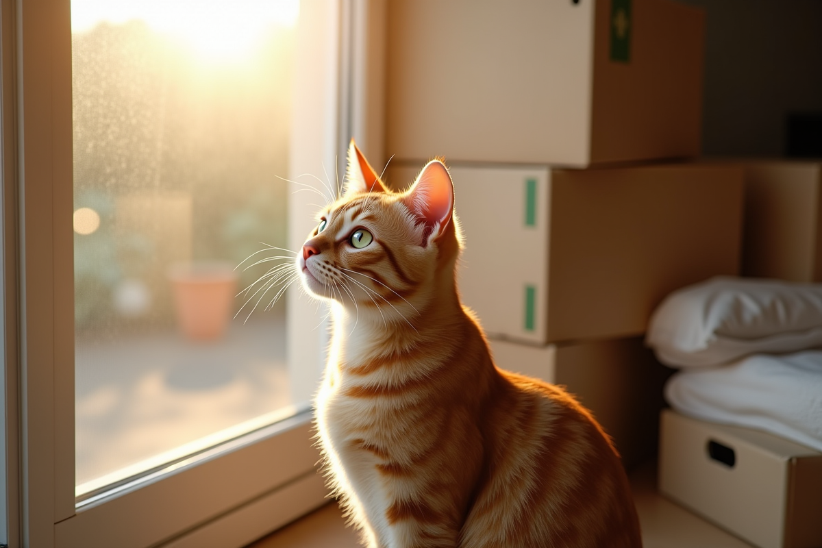 Chat curieux regardant par la fenetre ensoleillee