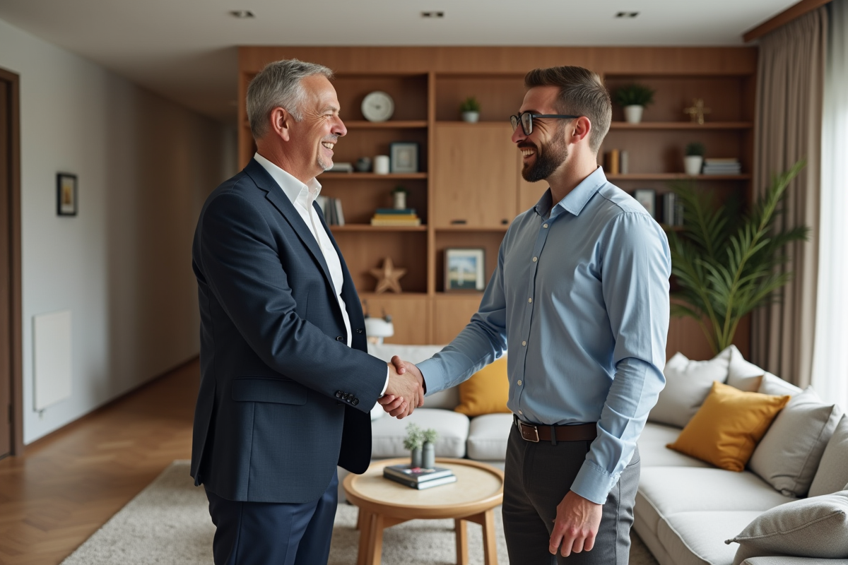 Client homme et designer intérieur se serrant la main dans un salon