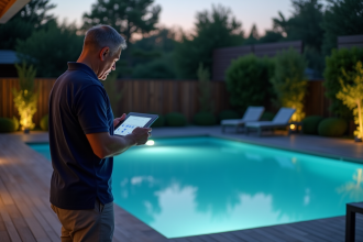 Homme d'âge moyen contrôlant la piscine la nuit