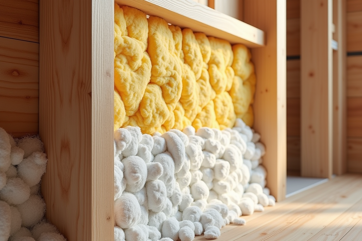 Vue en coupe d un mur de maison avec isolation soufflée et structure en bois