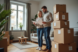 Couple français regardant devis de déménagement près de cartons