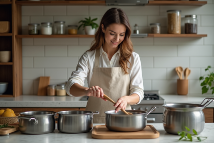 Femme en tablier en cuisine avec ustensiles sains