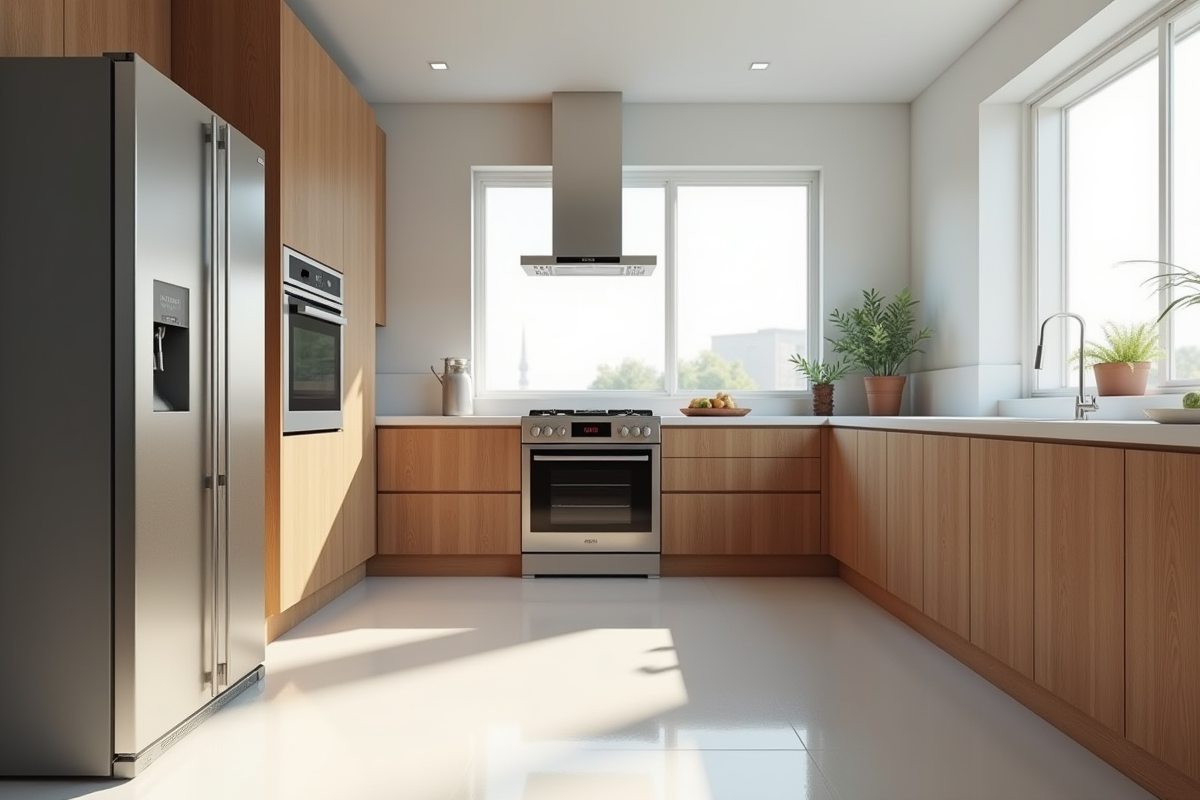 Cuisine moderne avec réfrigérateur inox et four intégré