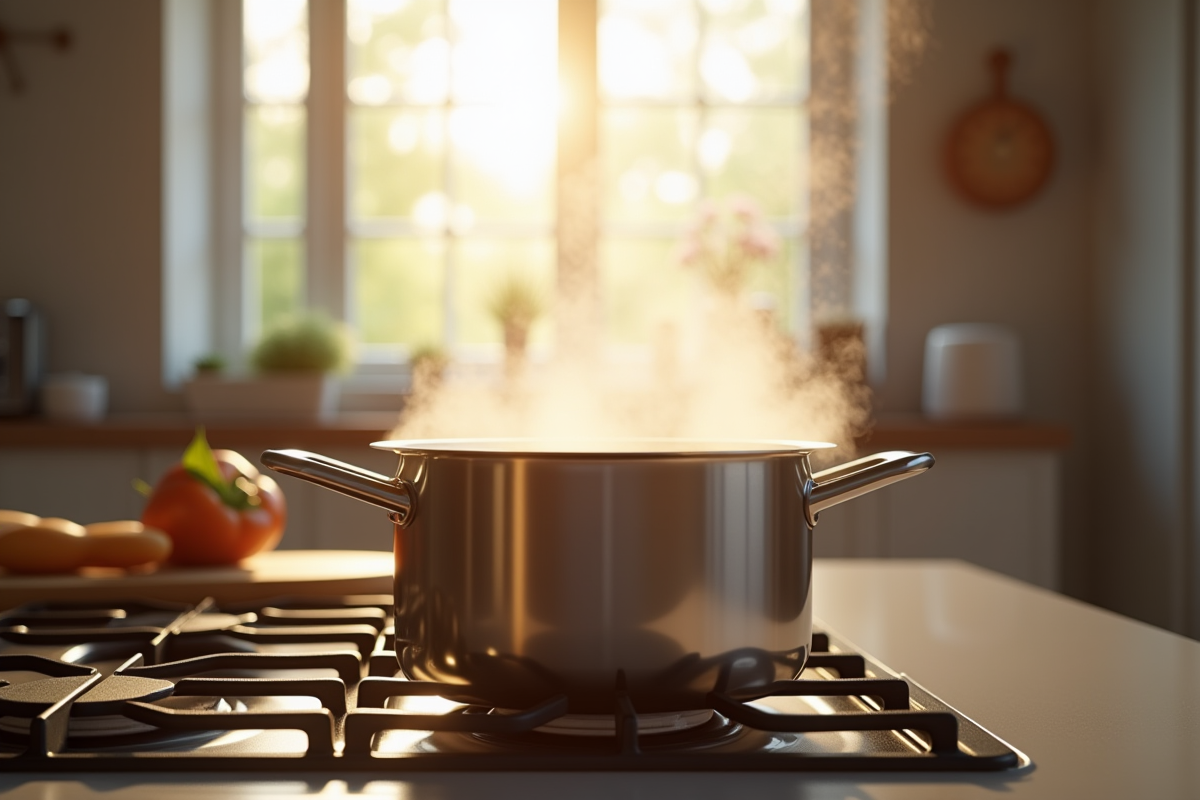 Cuisine moderne avec casserole en vapeur et lumière naturelle