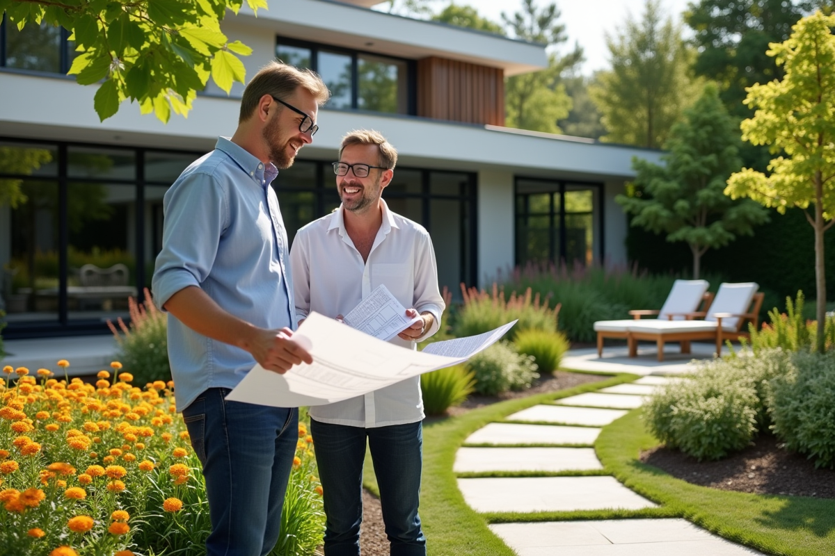 Paysagiste et propriétaire discutant plans dans un jardin coloré
