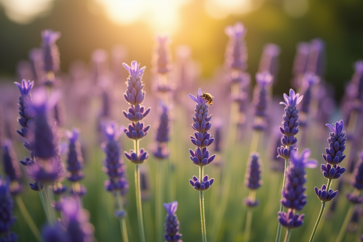 Gros plan sur tiges de lavande avec abeille dans un jardin rustique
