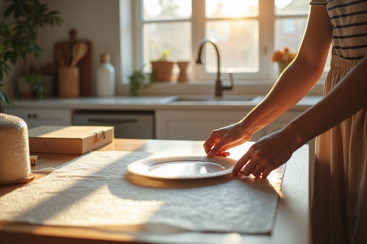 Personne emballant des assiettes fragiles avec du papier bulle