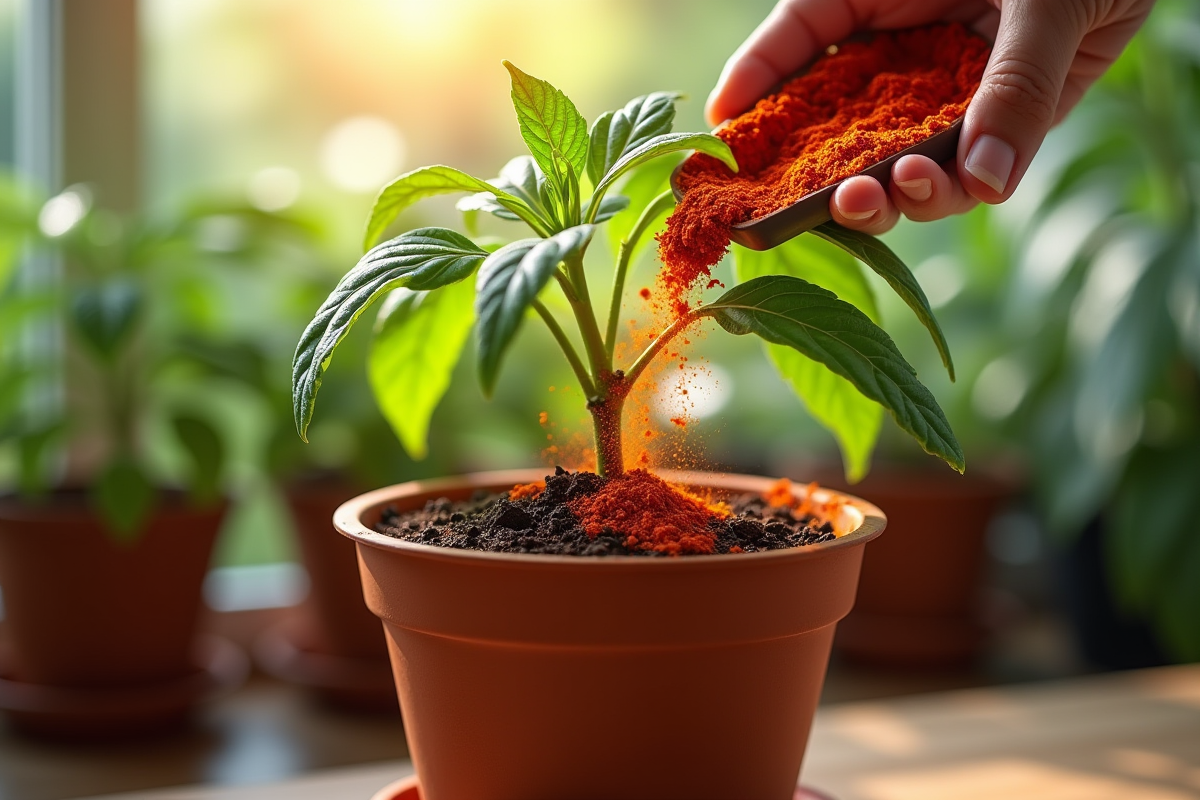 Poudre de paprika fraîche saupoudrée sur la terre d'une plante verte