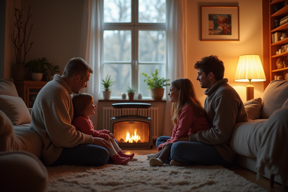 Famille dans un salon chaleureux avec chauffage moderne