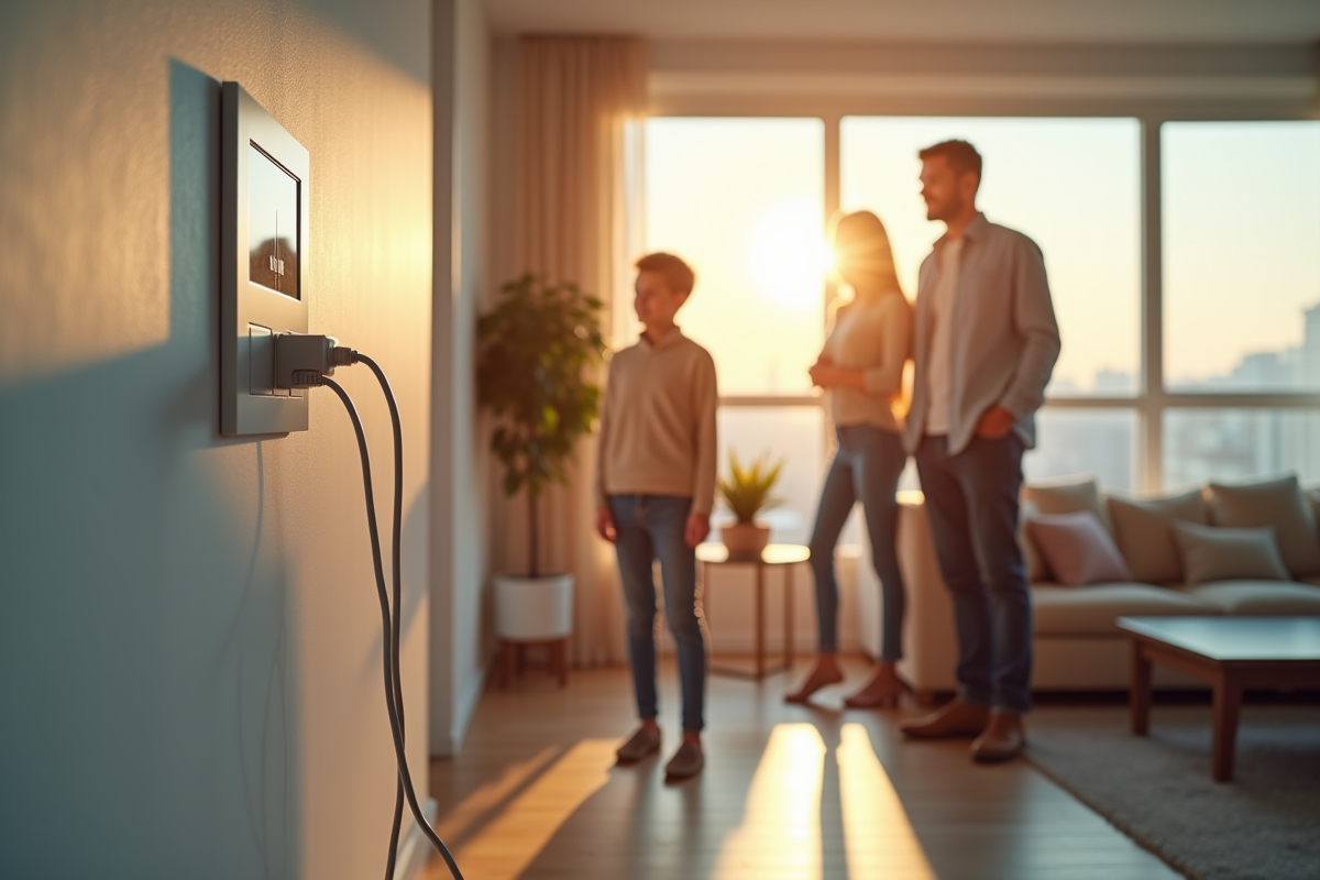 Famille moderne éteignant appareils pour économiser l'énergie