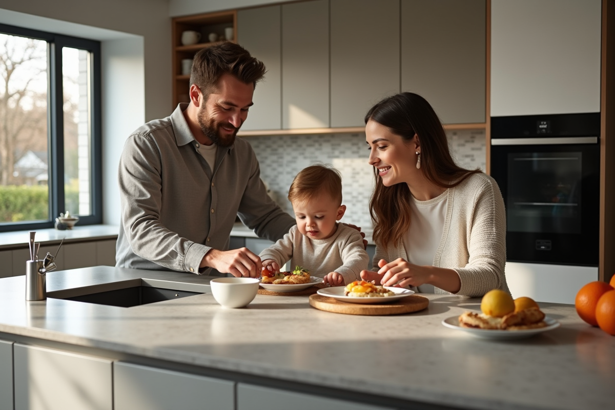Famille prenant le petit déjeuner à une île de cuisine contemporaine