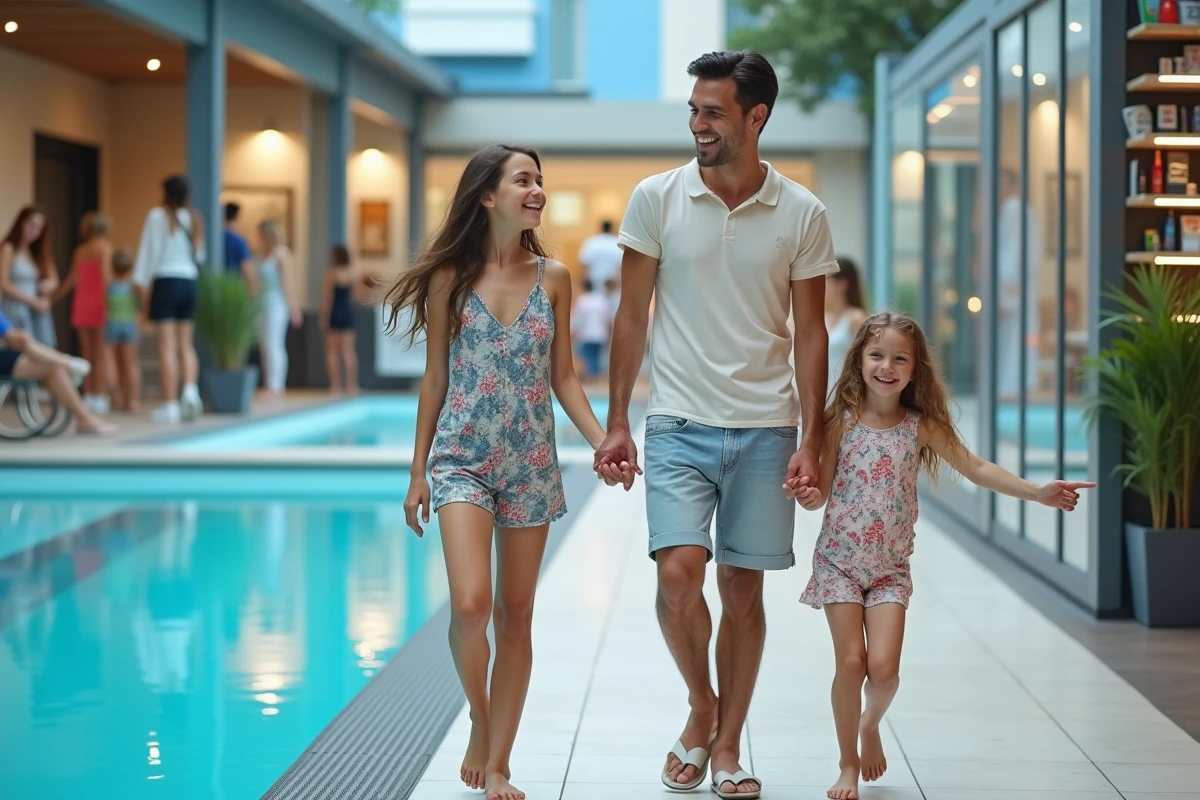 Famille avec enfants découvrant des piscines dans un showroom
