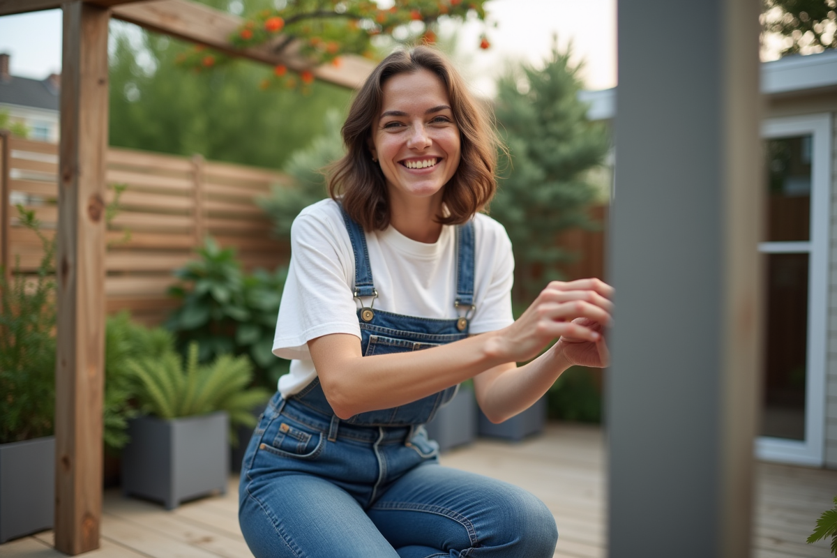 Femme en denim ajustant une pergola en extérieur