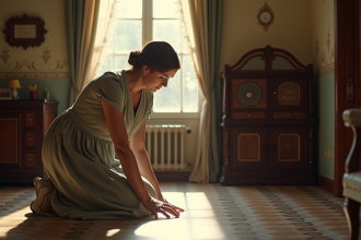 Femme d'âge moyen touchant le sol en linoleum dans un salon ancien