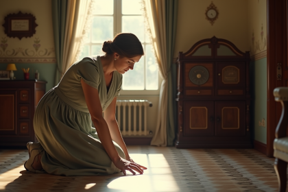 Femme d'&acirc;ge moyen touchant le sol en linoleum dans un salon ancien