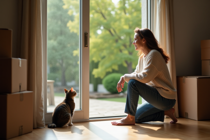 Femme et chat curieux dans une maison en transition