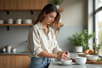 Femme en lin dans une cuisine moderne chaleureuse