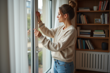 Femme vérifiant un rideau thermique dans un salon cosy