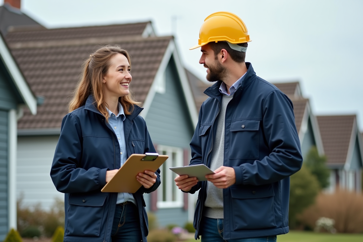Jeune femme pointant le toit avec un entrepreneur à l