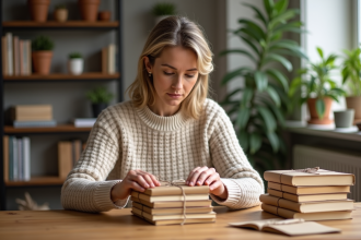 Femme enveloppant des livres dans un intérieur chaleureux
