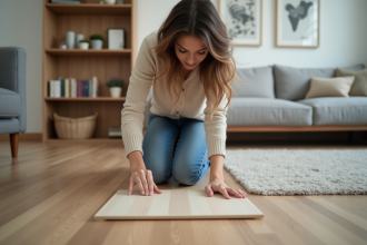 Femme regardant un échantillon de sol stratifié dans un salon moderne