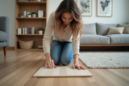 Femme regardant un échantillon de sol stratifié dans un salon moderne