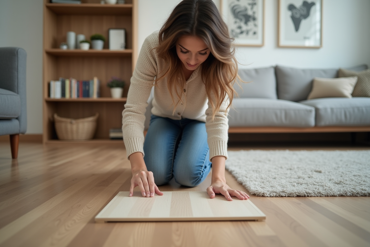 Femme regardant un échantillon de sol stratifié dans un salon moderne
