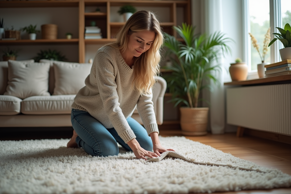 Femme d'âge moyen examinant un tapis dans le salon