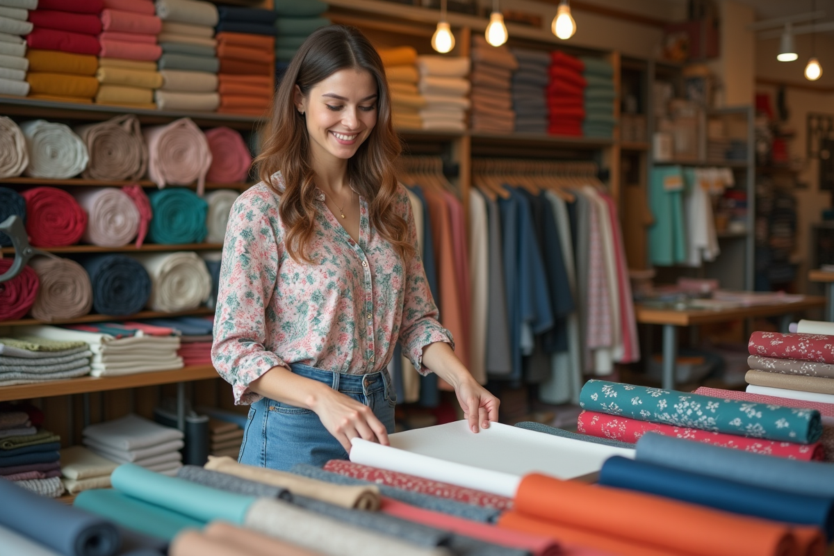Femme souriante dans une boutique de tissus avec textiles colorés