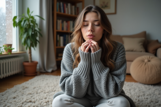 Jeune femme en pull gris souffle pour faire du son de neige