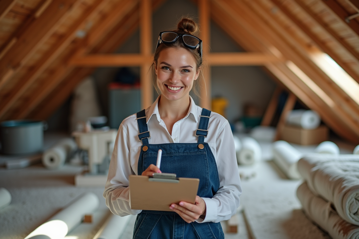 Jeune femme contrôle l isolation dans un grenier en travaux
