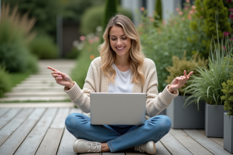 Femme souriante utilisant un ordinateur pour planifier un jardin