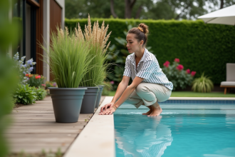 Femme en lin près d'une piscine avec plantes et jardin