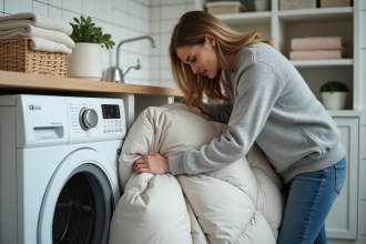 Femme en sweater gris chargeant un double duvet dans la machine