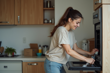 Femme nettoyant un four dans une cuisine moderne